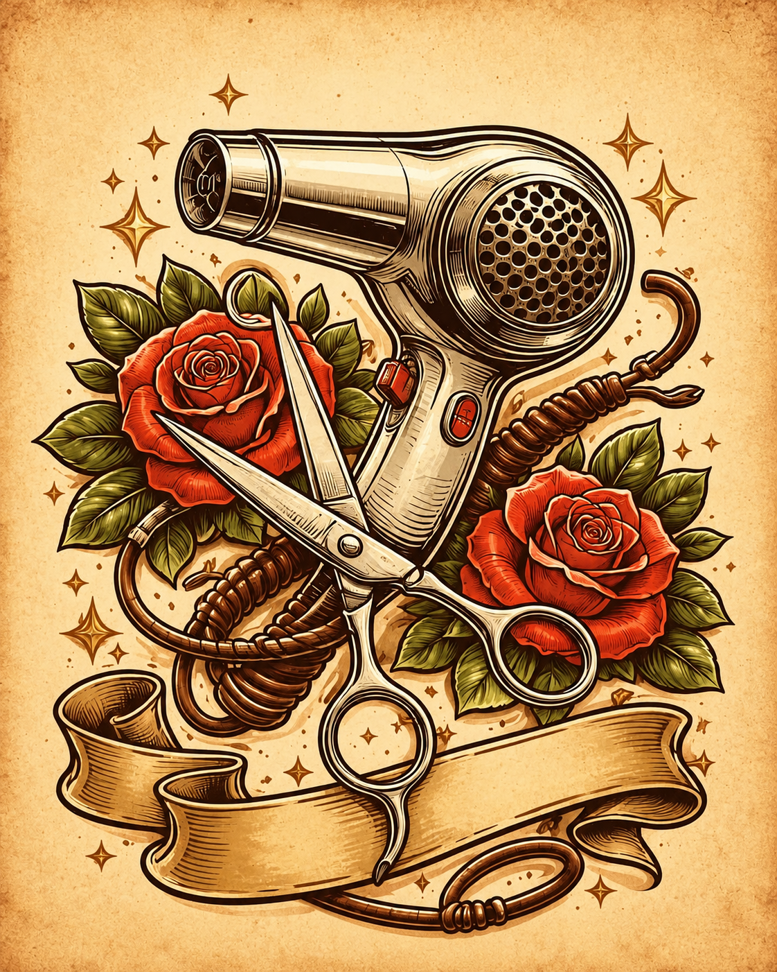 Ilustración de secador, tijeras y rosas de Kioma